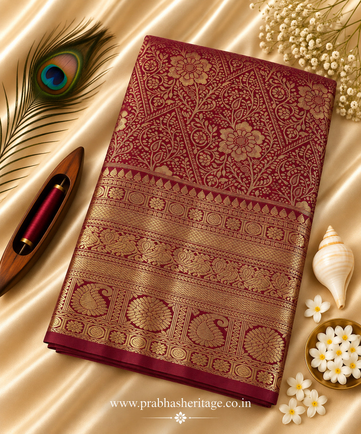 Deep magenta handloom Kanchipuram pure silk bridal saree with gold zari border, portrait