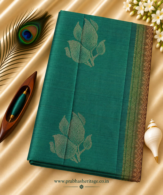 Deep peacock teal handloom Pure Mix Kanchipuram silk saree, borderless, portrait