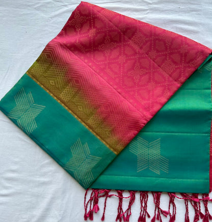 Full length of the saree long-folded, showing the borderless body and rani pink pallu