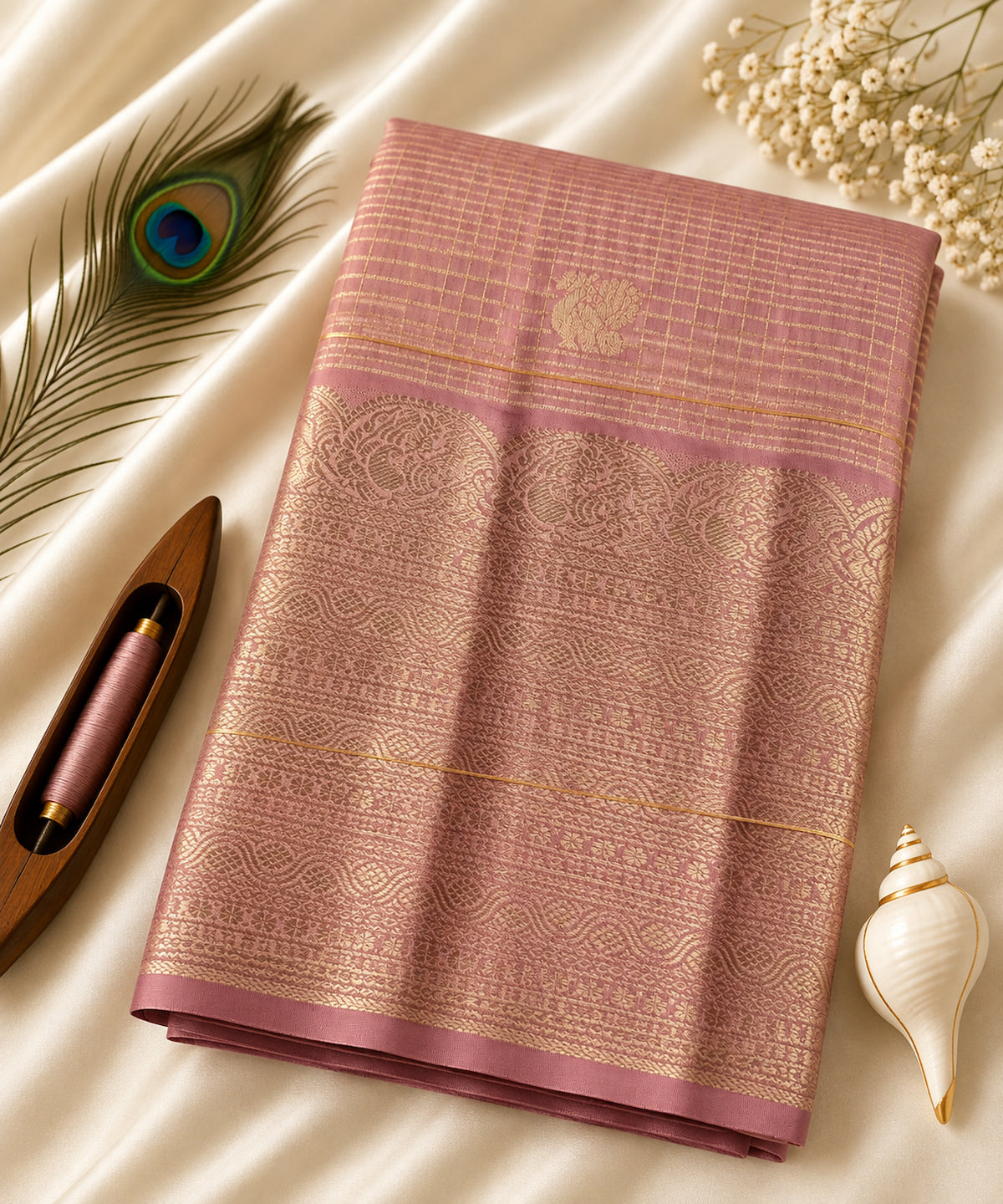 Hamsanandi Swarna Naadam pure Kanchipuram silk saree in mauve pink with gold zari, portrait
