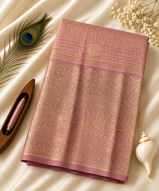 Hamsanandi Swarna Naadam pure Kanchipuram silk saree in mauve pink with gold zari, portrait