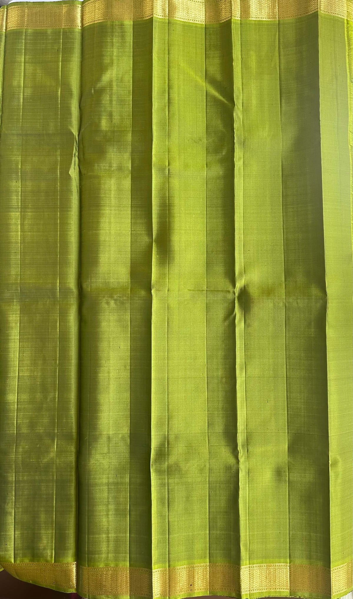 Attached parrot-green contrast blouse piece with a gold zari border