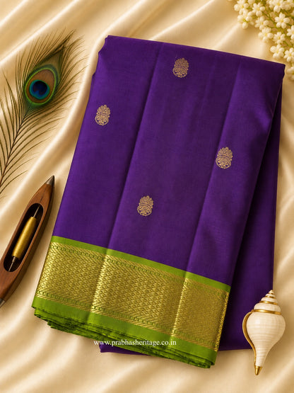 Jamun purple handloom pure Kanchipuram silk saree with a parrot-green Korvai border