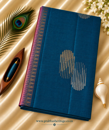 Peacock blue handloom Pure Mix Kanchipuram silk saree, borderless, portrait