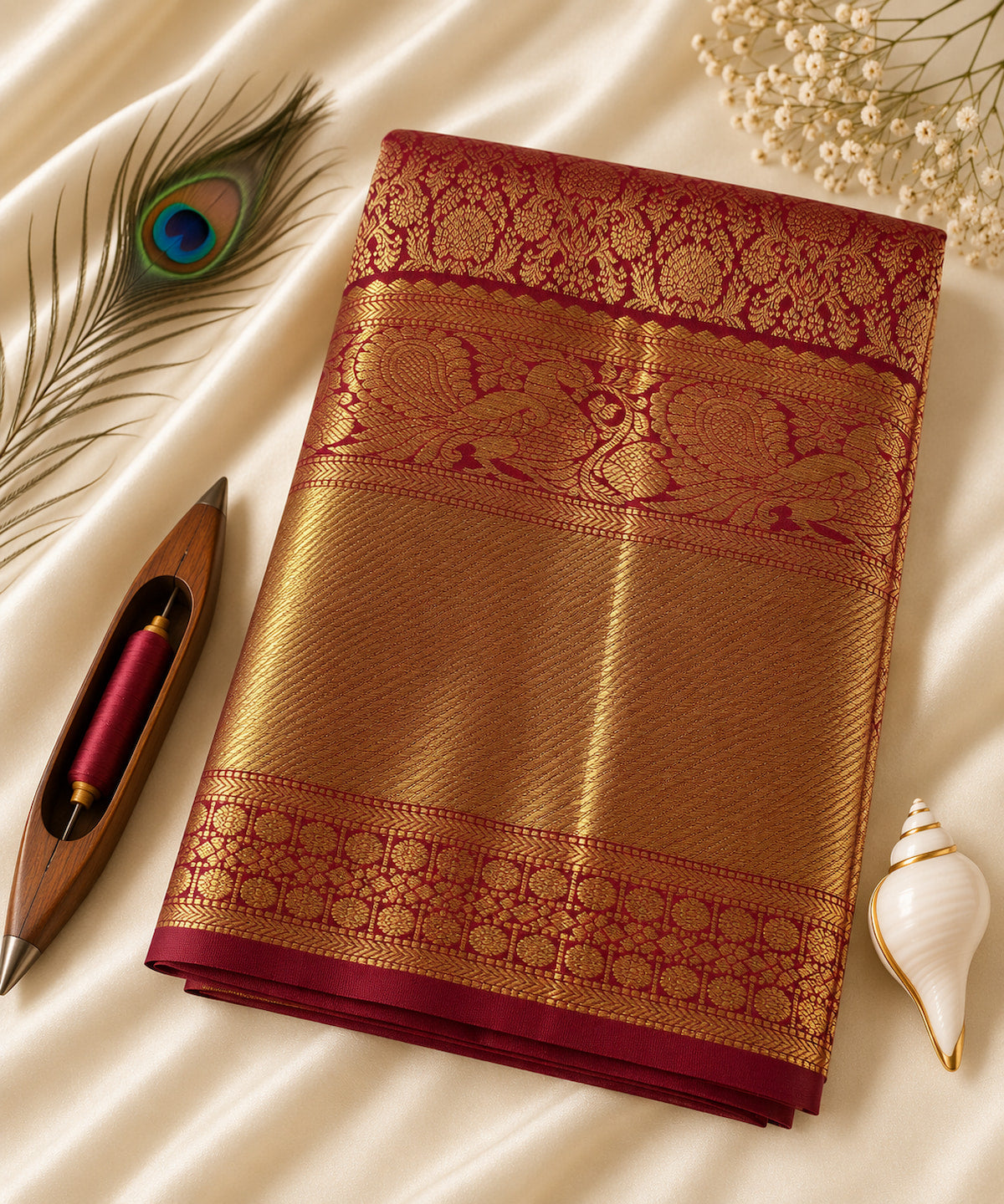 Crimson-red handloom Kanchipuram pure silk bridal saree with gold zari peacock brocade