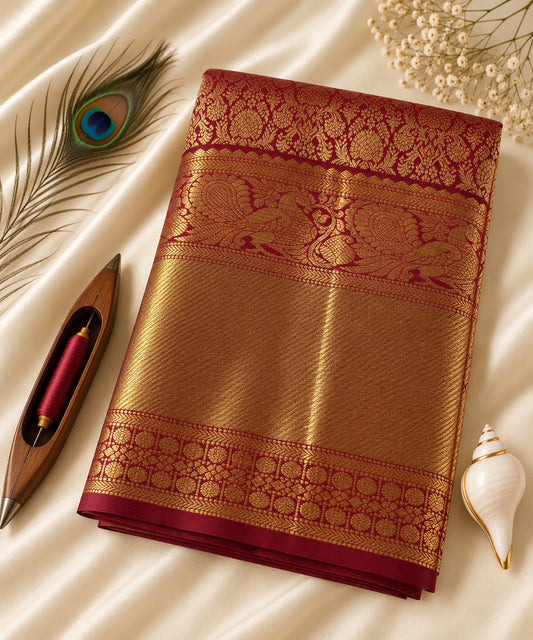 Crimson-red handloom Kanchipuram pure silk bridal saree with gold zari peacock brocade