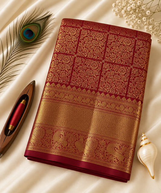 Rich red handloom Kanchipuram pure silk bridal saree with all-over gold zari floral grid