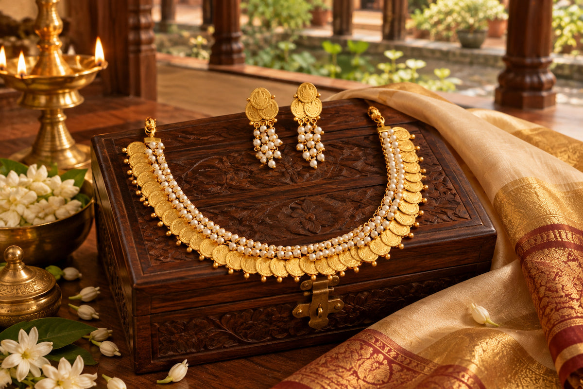Lakshmi coin temple necklace set with pearl detailing and matching earrings displayed on a carved wooden jewellery box with silk, jasmine flowers and brass diya in a Kerala heritage setting.