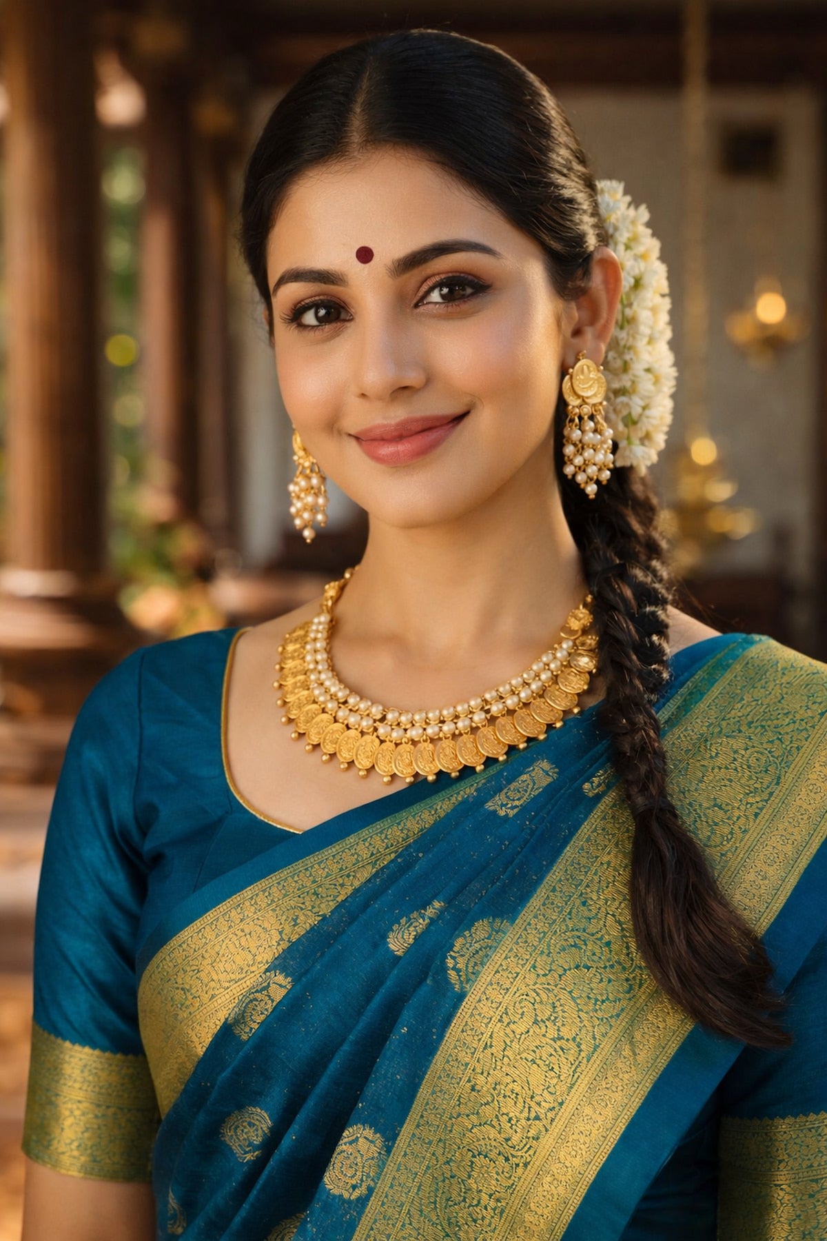 Lakshmi coin temple necklace set with traditional gold-tone coin detailing and pearl-like beads, styled on a woman in a blue Kanchipuram saree.