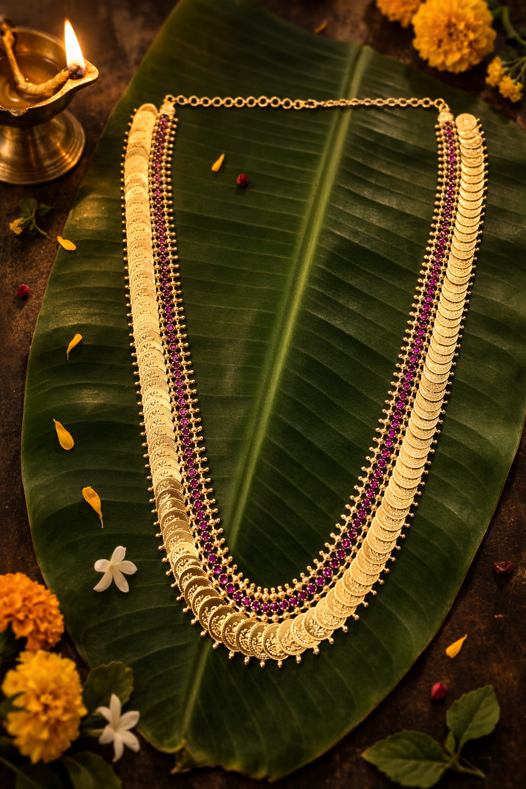 Lakshmi Haram Adukku Kasu Mala laid on a banana leaf with marigold and jasmine flowers