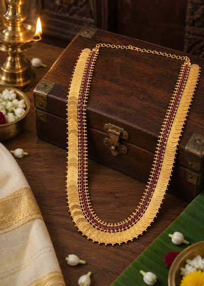 Lakshmi Haram Adukku Kasu Mala styled on a heritage wooden jewellery box