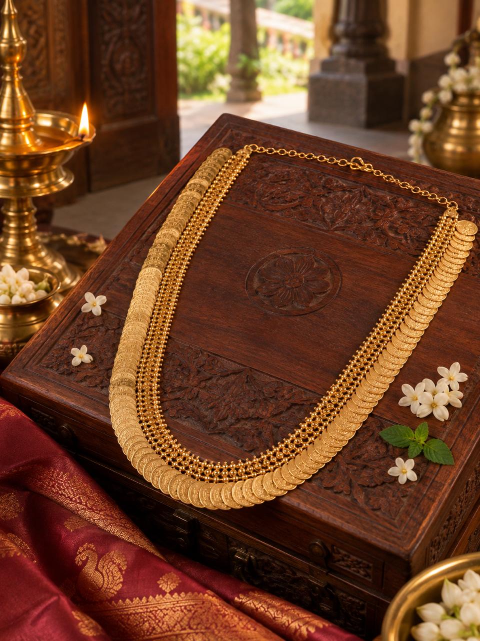Lakshmi Haram Adukku Kasu Mala styled on a carved heritage wooden jewellery box