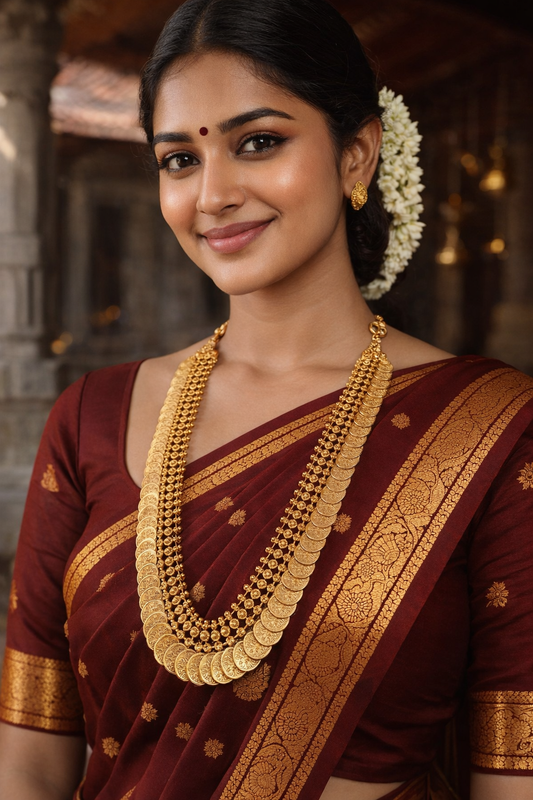 Lakshmi Haram Adukku Kasu Mala, 10 Pidi, worn with a maroon saree