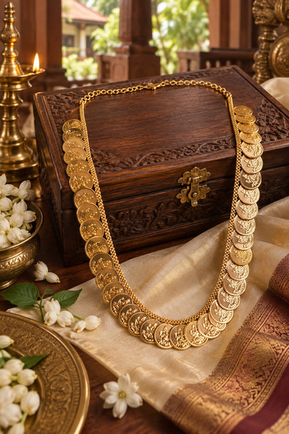 Lakshmi Haram Kasu Mala arranged on a carved wooden jewellery box with traditional gold-tone coin detailing in a Kerala heritage setting.