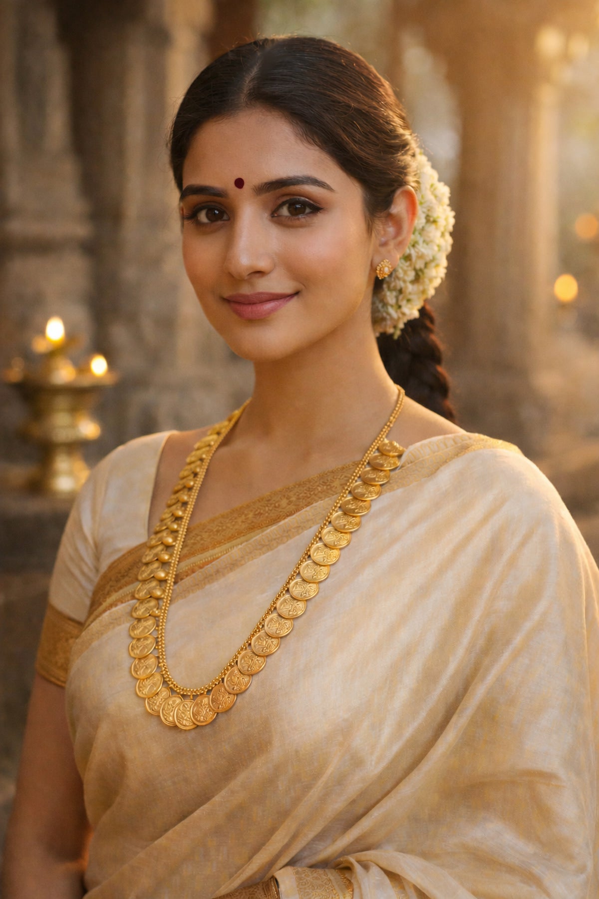 Lakshmi Haram Kasu Mala – traditional South Indian temple jewellery with layered Lakshmi coin strands styled with an ivory saree.
