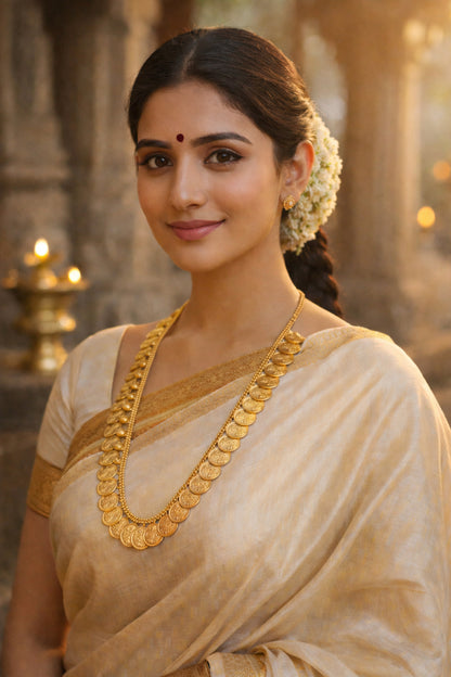 Lakshmi Haram Kasu Mala – traditional South Indian temple jewellery with layered Lakshmi coin strands styled with an ivory saree.