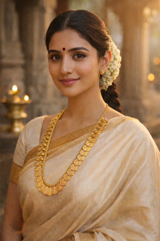 Lakshmi Haram Kasu Mala – traditional South Indian temple jewellery with layered Lakshmi coin strands styled with an ivory saree.