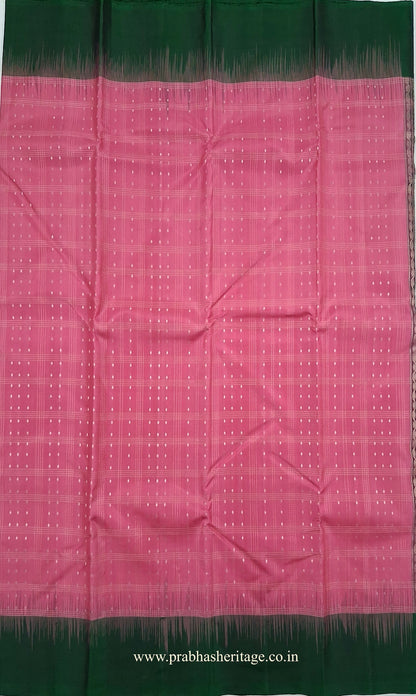 Delicate checked weave with greyish-silver-toned zari accents on the rose-pink silk body