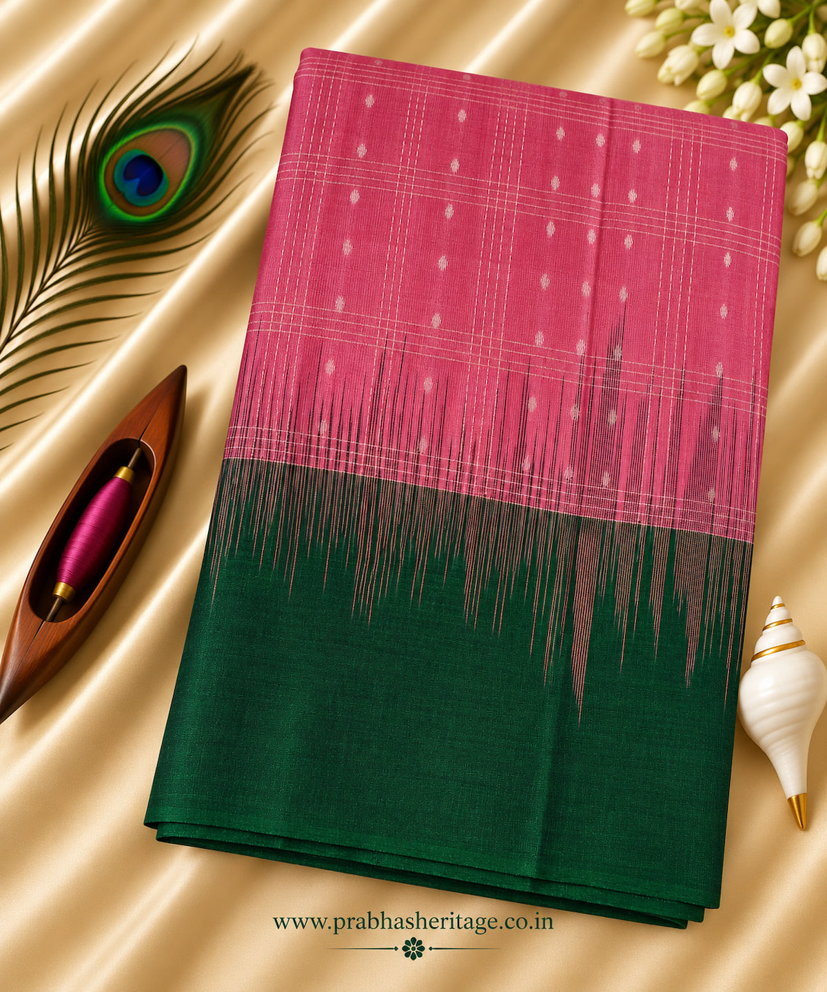 Rose-pink handloom pure soft silk saree with a bottle-green border, portrait