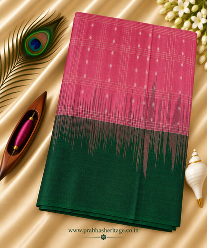 Rose-pink handloom pure soft silk saree with a bottle-green border, portrait