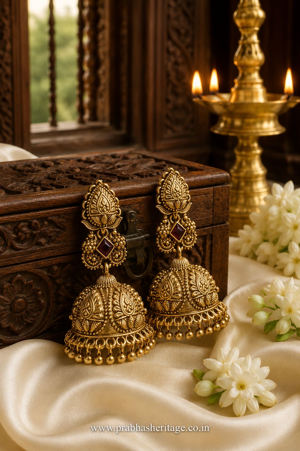 Ratna Shobha Jhimikki, jhumka-style temple jewellery earring in antique gold finish