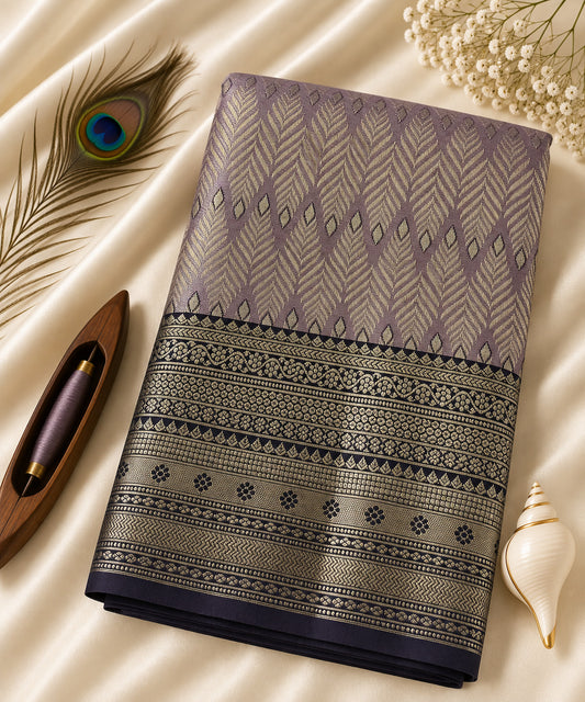 Silvery lavender handloom Kanchipuram pure silk bridal saree with a violet and gold border