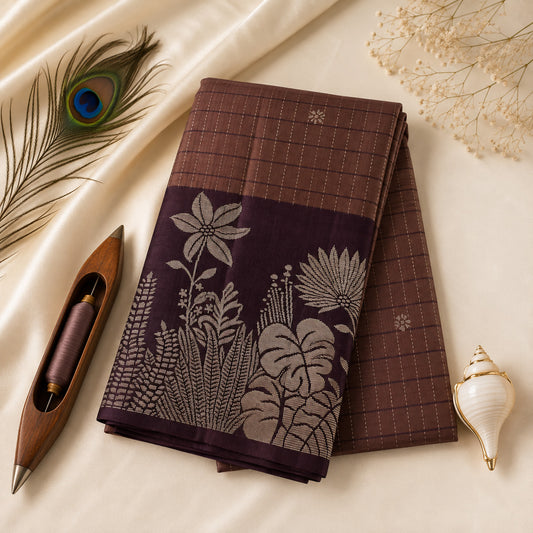 Rosewood-mauve handloom pure soft silk saree with a deep aubergine-plum botanical border