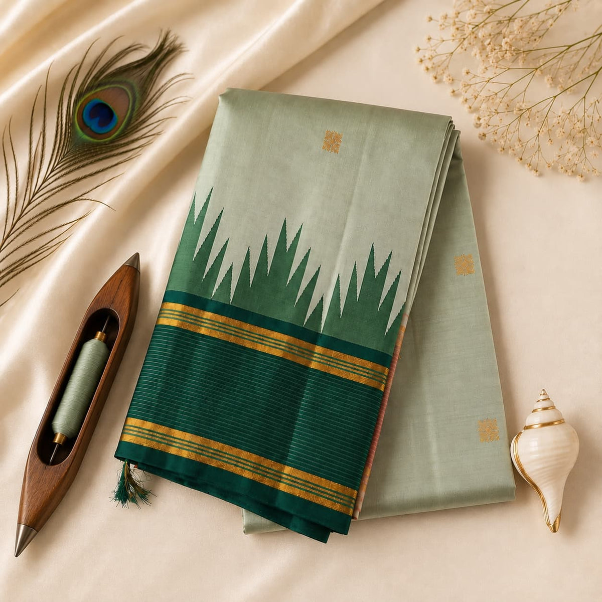 Ivory sage handloom pure Kanchipuram silk saree with emerald and rose-mauve Korvai borders