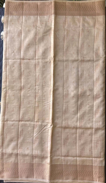 Body detail of Chandana Varnam sand beige semi-tussar saree with champagne-gold zari trails