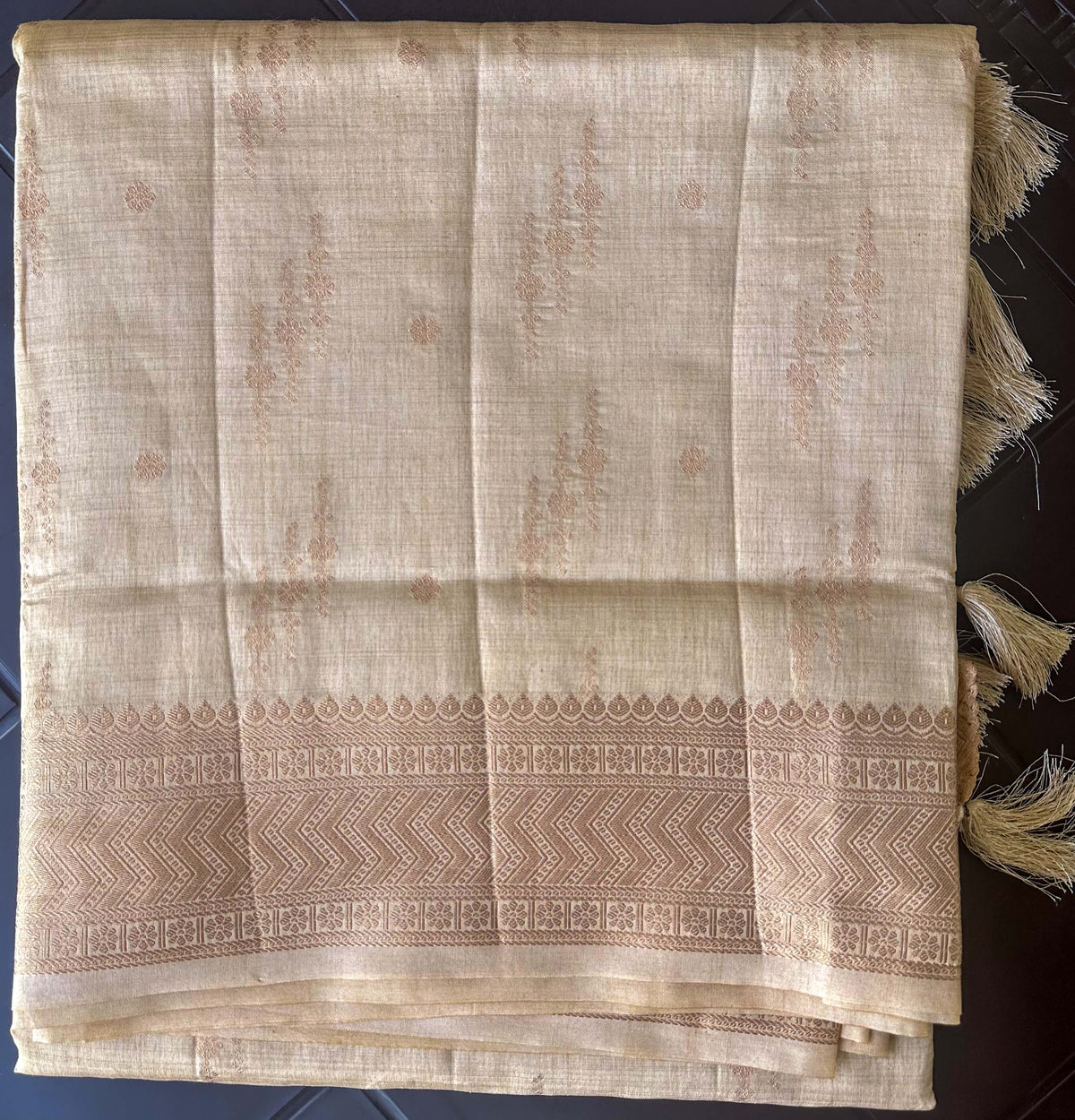 Chandana Varnam sand beige semi-tussar saree with champagne-gold zari floral trails