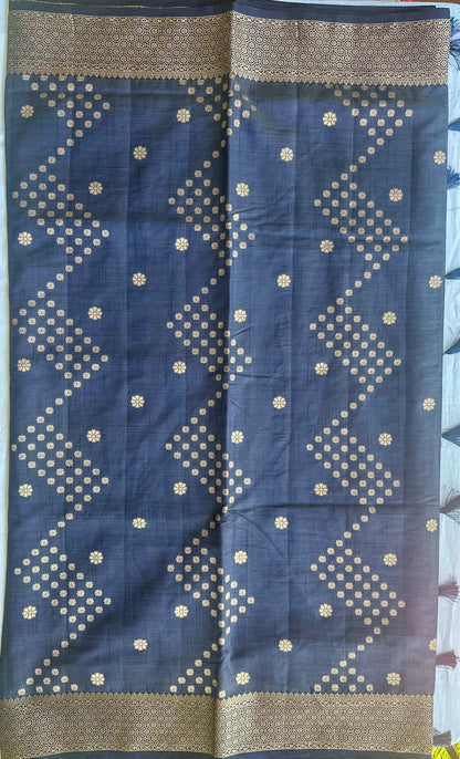 Body detail of Neela Varnam navy blue semi-tussar saree with antique gold zari buttas