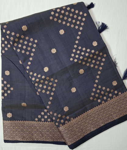 Long fold view of Neela Varnam navy blue semi-tussar saree with zari border