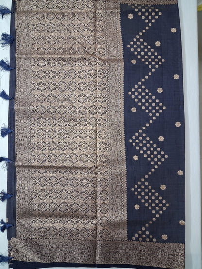 Geometric zari pallu on Neela Varnam deep navy blue semi-tussar saree