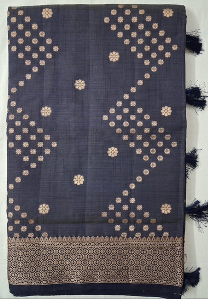 Neela Varnam deep navy blue semi-tussar saree with antique gold zari buttas