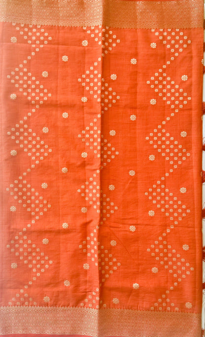 Body detail of Sengal Varnam brick red semi-tussar saree with antique gold zari buttas
