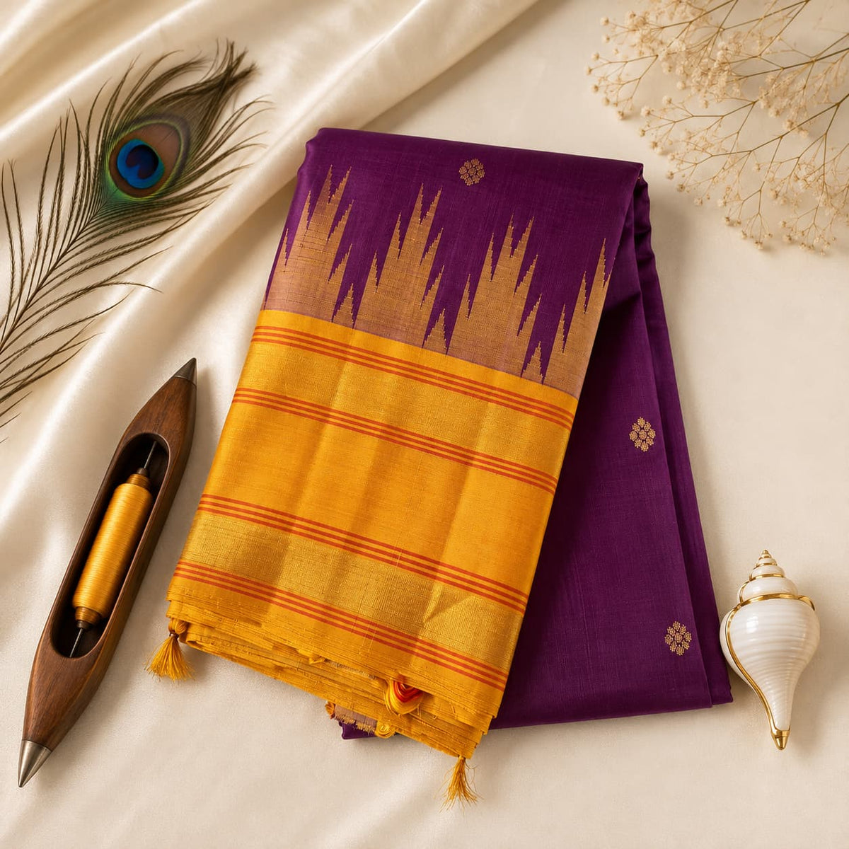 Violet handloom pure Kanchipuram silk saree with a mustard-gold Korvai temple border