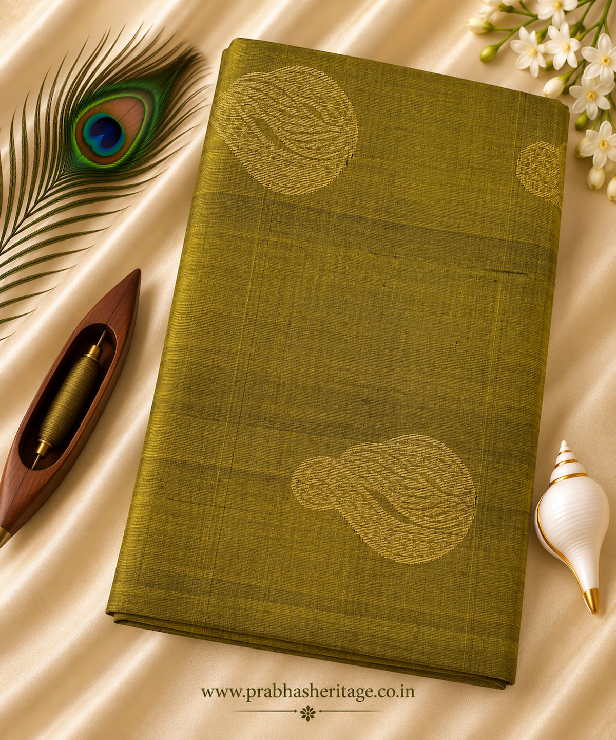 Olive-chartreuse handloom pure soft silk saree with paisley motifs, portrait