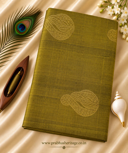 Olive-chartreuse handloom pure soft silk saree with paisley motifs, portrait