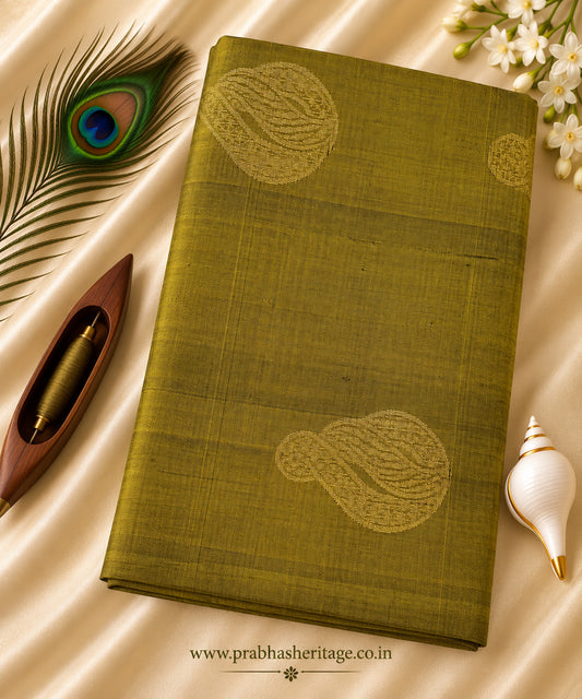 Olive-chartreuse handloom pure soft silk saree with paisley motifs, portrait