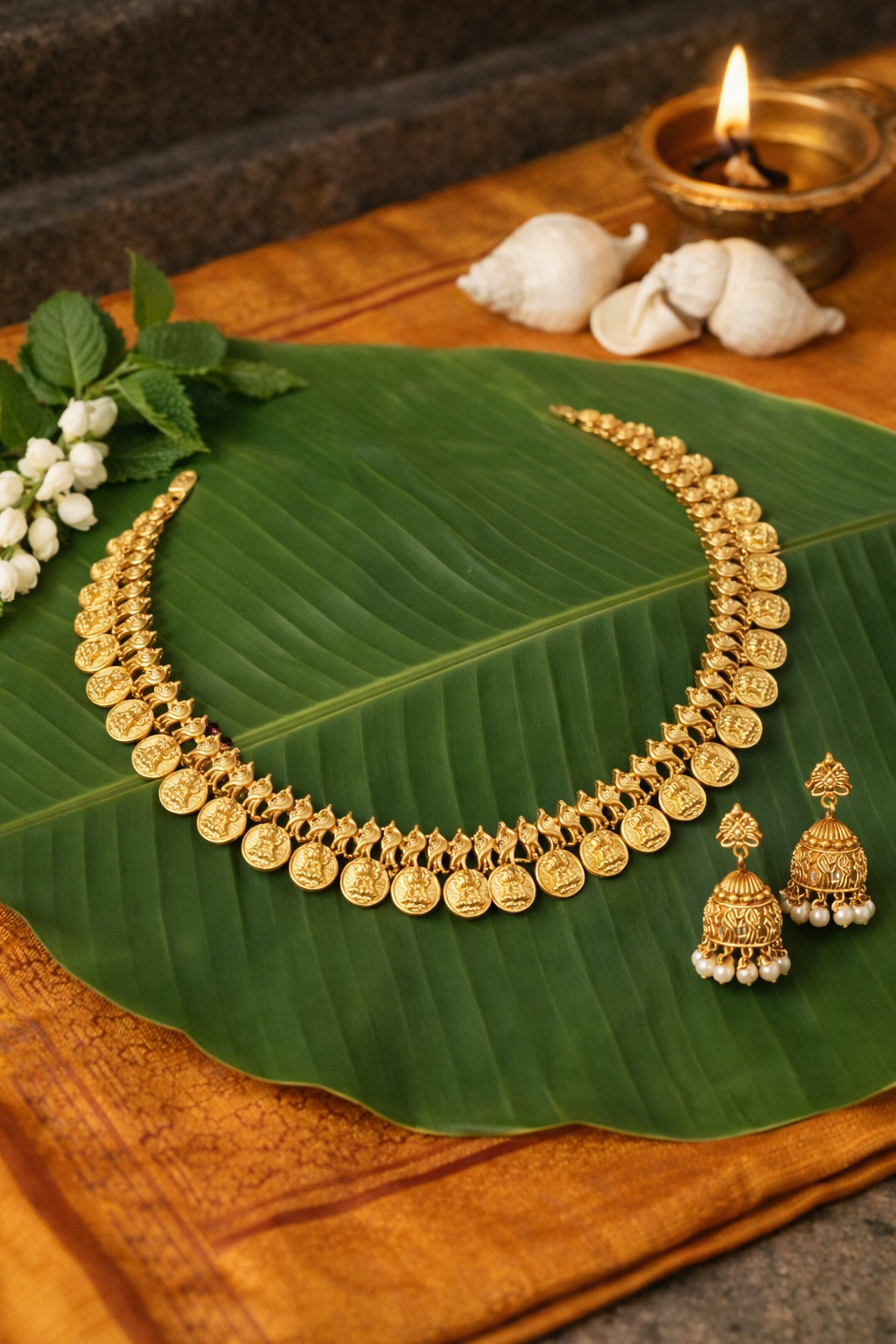 Lakshmi Kasu temple necklace with matching Jhimikki earrings displayed on a banana leaf with jasmine flowers and brass diya.