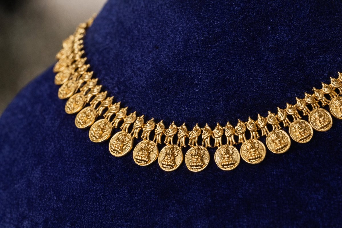 Close-up of Lakshmi Kasu temple necklace featuring Lakshmi coin pendants and peacock motifs on a blue velvet display
