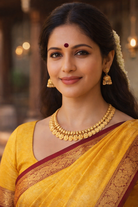 Lakshmi Kasu temple necklace with peacock motifs and matching Jhimikki earrings worn with a traditional Kanchipuram saree