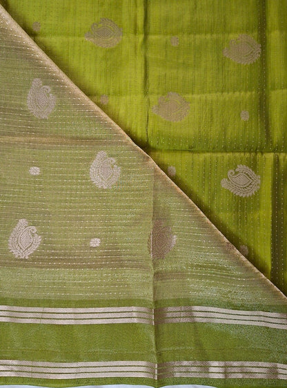 Attached running blouse with zari on Elam Pachai Varnam lime green saree